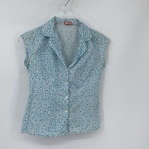Anne Kanner Casual cotton blouse shirt top button floral turquoise blue 38 XS